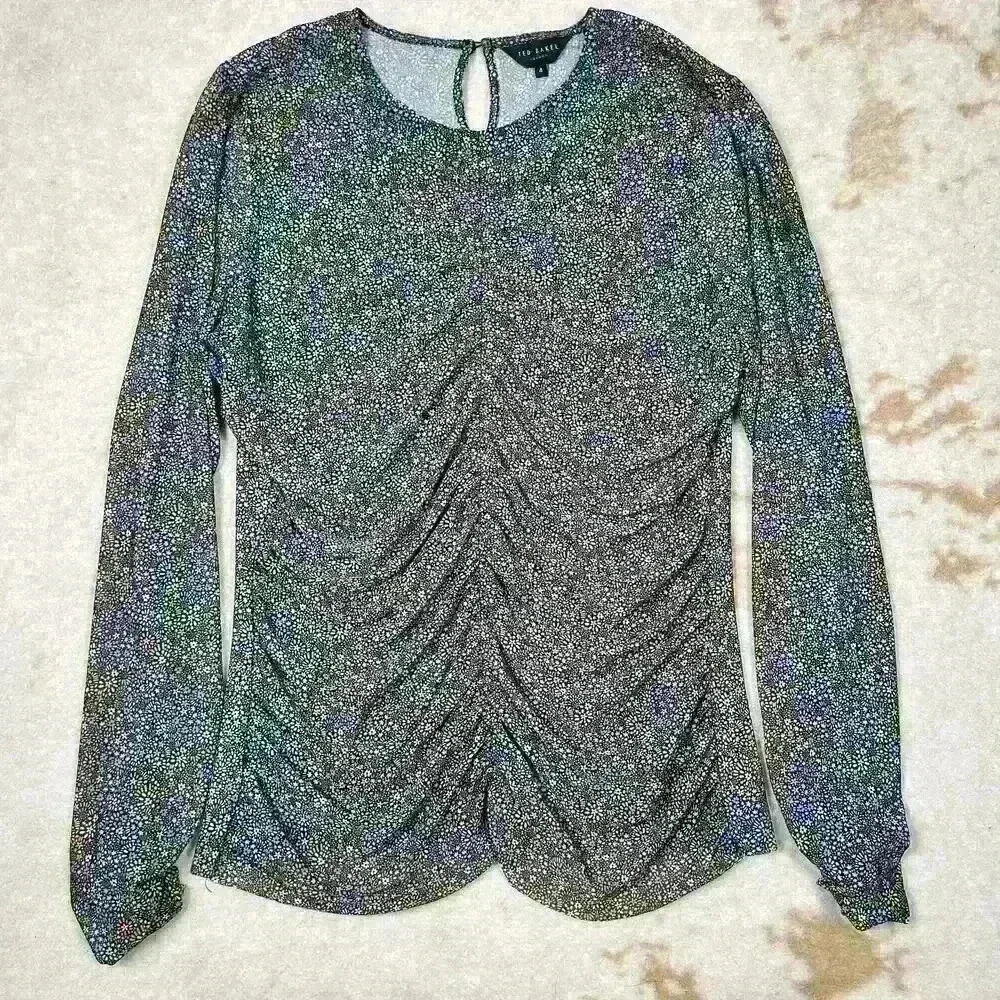 TED BAKER Savannn Floral Ruched Sheer Long Sleeve Top Blouse Black Women 4 Small